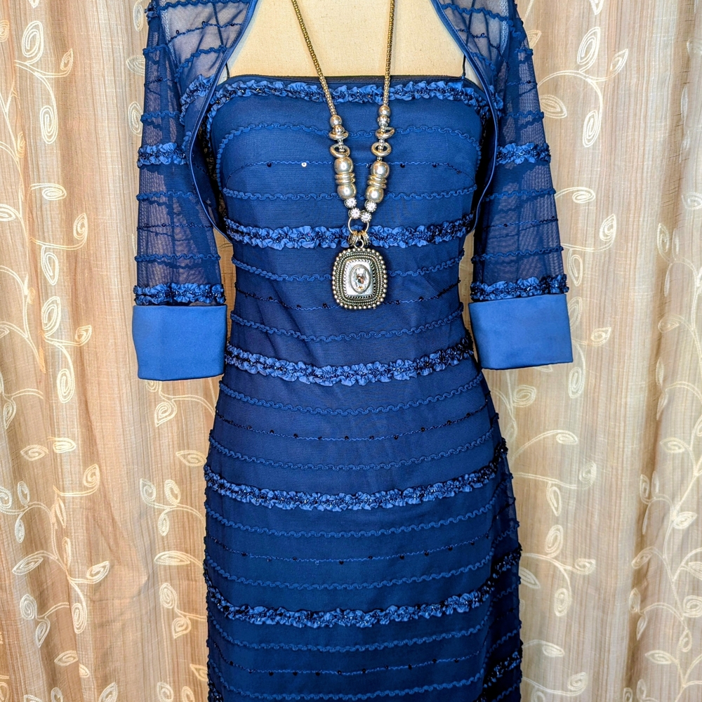 JS Collections, Strapless Navy Ruffle Dress with Sheer And Embellished Detail